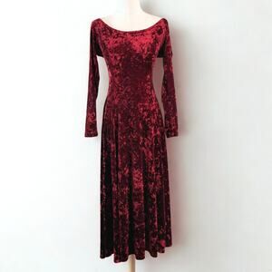 Vintage Burgundy Crushed Velvet Maxi Dress Long Sleeve Whimsigoth Dark Romantic